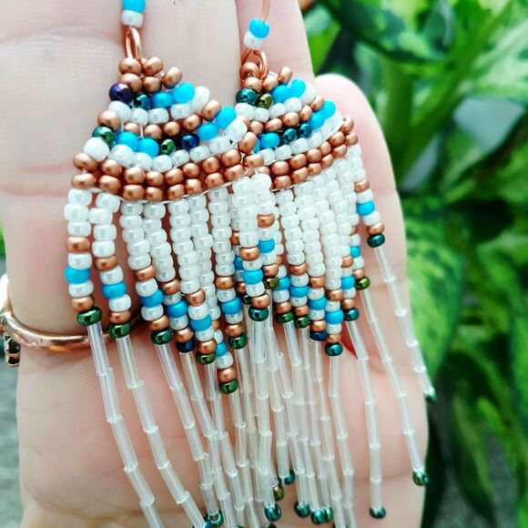 Boho Chic Seed Bead Dangle Earrings, Copper Jewelry, Statement Artisan 4" - Picture 6 of 7